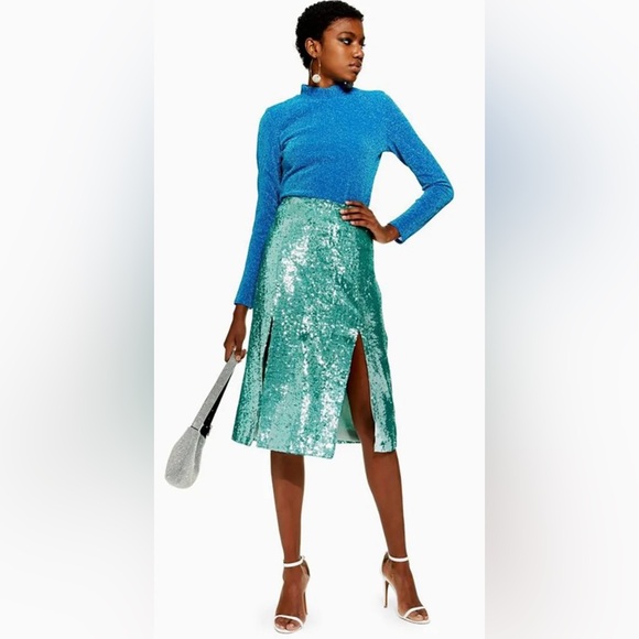 Topshop Dresses & Skirts - Top Shop Sequin Midi Skirt Size 6 NWT Turquoise Aqua Cocktail Party Boho Glam